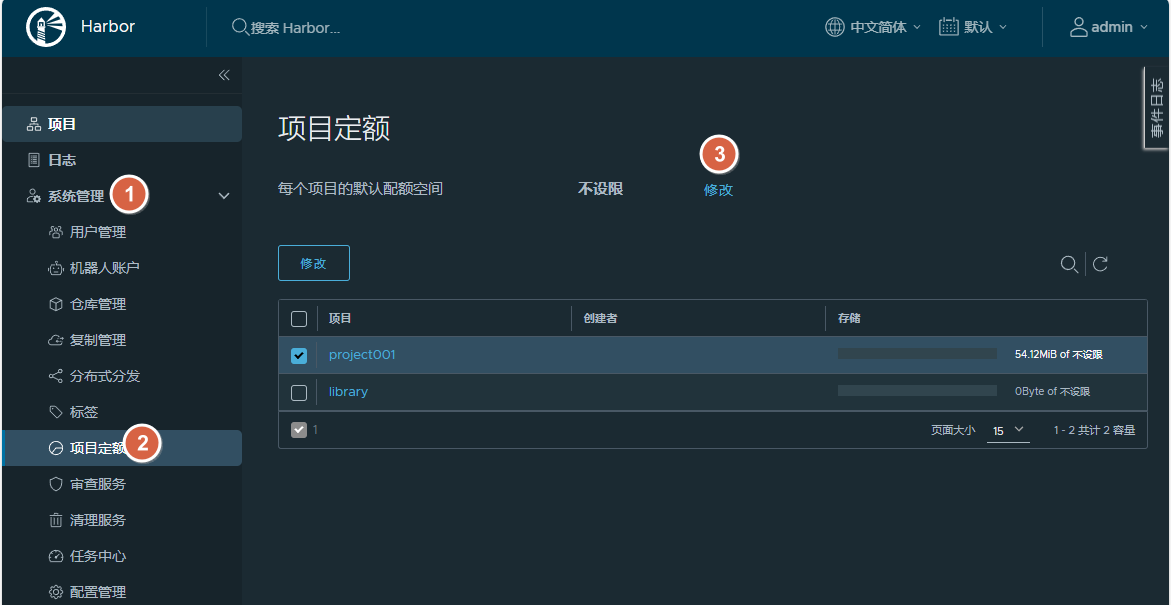 修改默认项目配额